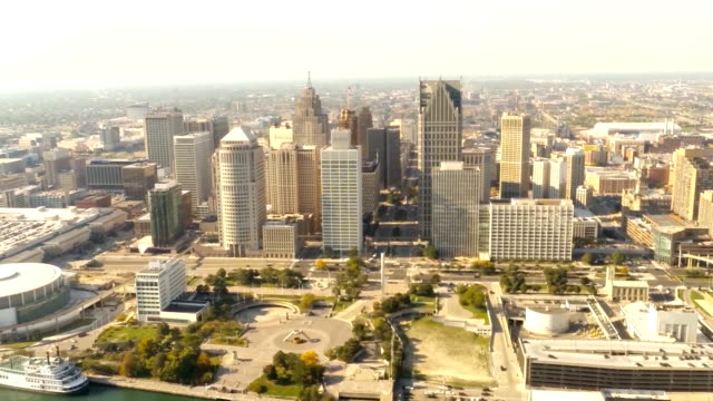 Aerial-view-of-Detroit,-MI-during