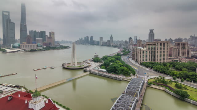 China-shanghai-Dach-Top-Antenne-Fluss-Bucht-Verkehr-Fluss-Brücke-Panorama-4k-Zeitraffer