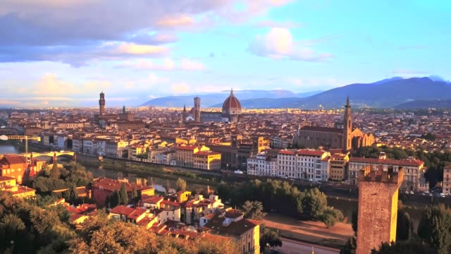 Aerial-view-of-Romantic-Florence,-floating-in-the-air-colour-bubbles,-Italy