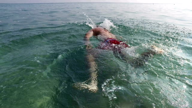 Crol-de-natación-nadador-profesional-al-aire-libre,-vista-posterior-4k-senderismo-tiro