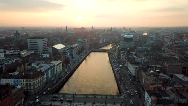 aerial-view-of-city-center-of-Dublin-with-river-Liffey-during-sunset