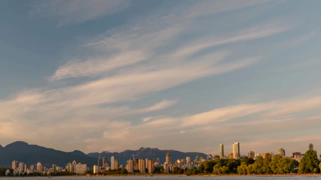 Panorama-desde-el-mar-a-una-ciudad-moderna-con-montañas-y-edificios-altos,-un-gran-cielo-azul-con-un-resplandor-de-la-puesta-del-sol