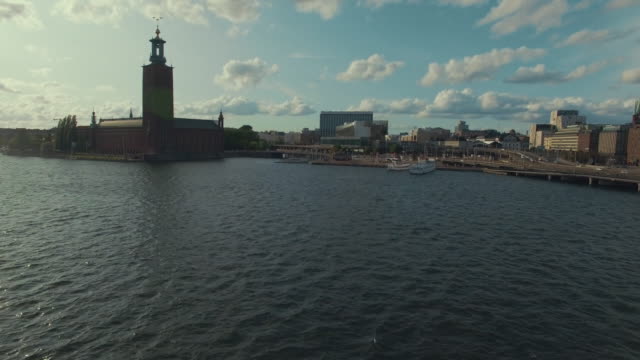 Drone-shot-of-Stockholm-Town-Hall-and-cityscape