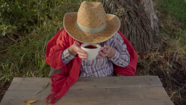 Girl-in-straw-hat-drinking-tea-top-view