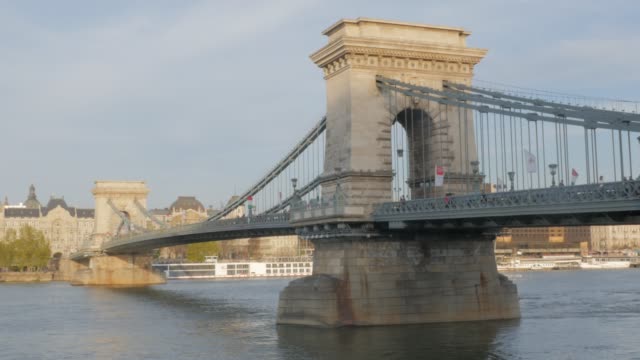 Chain-Szechenyi--Bridge-of-Budapest-on-river-Danube-by-the-day-4K