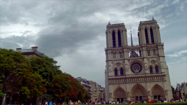 total-shot-of-Notre-Dame-Church,-front-view-including-bell-towers