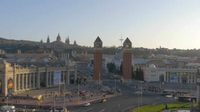 barcelona-Sonnenuntergang-placa-d\'espanya-traffic-circle-4-k-Spanien