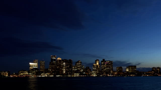 Time-lapse-zoom-in-Boston-skyline-at-twilight
