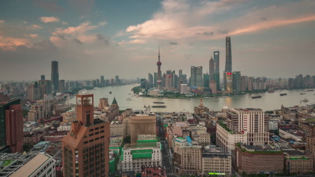 Sonnenuntergang-Dämmerung-China-shanghai-Stadtbild-berühmte-Bucht-Dach-Top-Panorama-4k-Zeitraffer