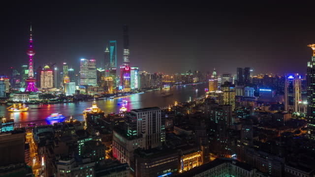 China-shanghai-Nacht-Licht-Stadtbild-Fluss-Bucht-Dach-Top-Panorama-4k-Zeitraffer