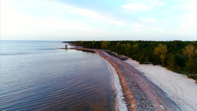 Aerial-footage.-Fly-over-forest-coast-at-sunset