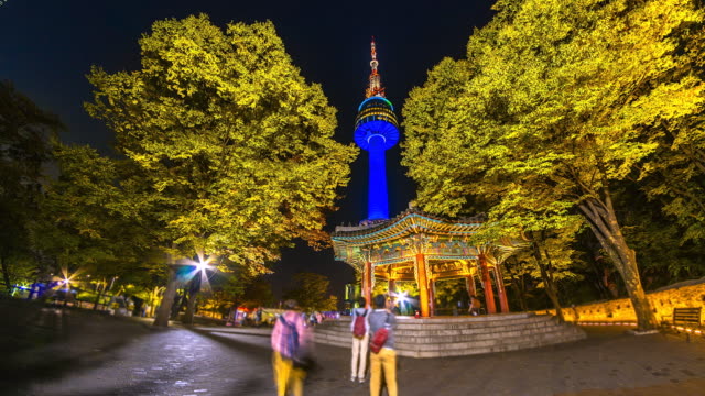4K,-Time-lapse-view-of-Seoul-Tower-in-autumn-at-Night-landmark-of-Seoul-city-South-Korea