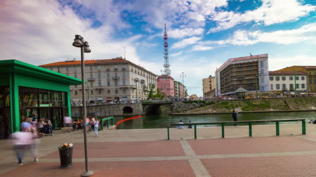 Italy-day-light-milan-city-famous-canal-crowded-bay-panorama-4k-timelapse