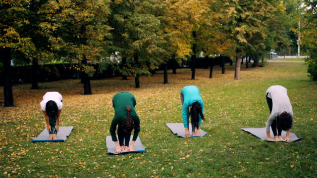 Moderne-Jugend-tut-Yoga-im-Stadtpark-lernen-von-erfahrenen-Ausbilder-genießen,-frische-Luft-und-einen-aktiven-Lebensstil.-Freizeitaktivitäten-und-Natur-Konzept.