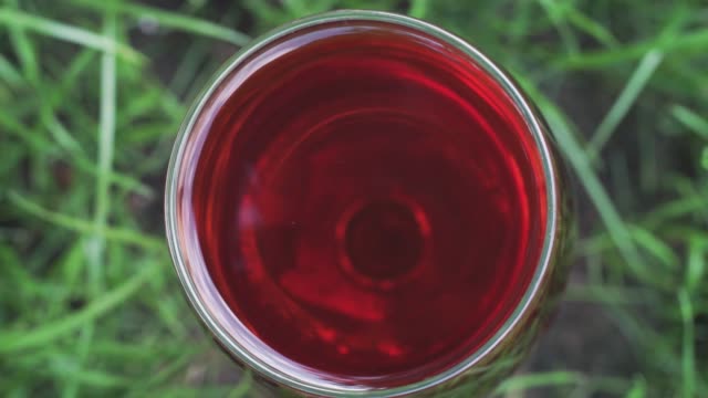 Glas-Wein-auf-einem-Rasen-Hintergrund,-Nahaufnahme.