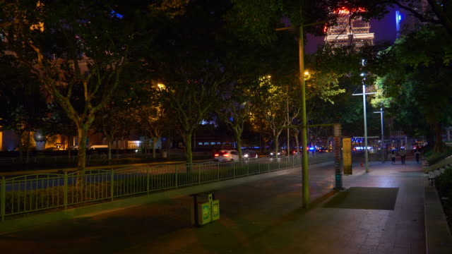 night-illuminated-shanghai-city-traffic-street-sidewalk-panorama-4k-china