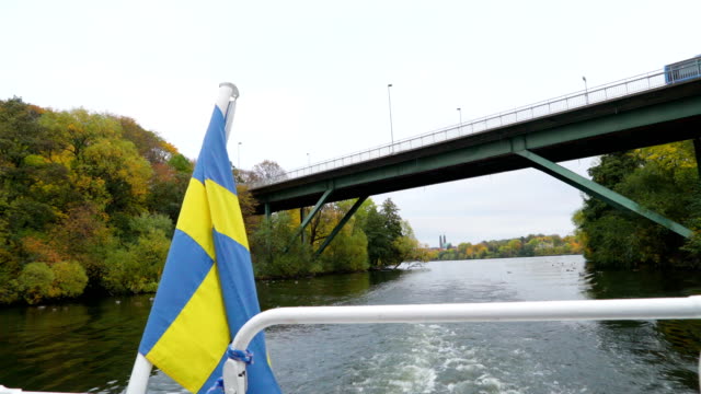 A-flag-of-Sweden-on-the-back-of-the-boat-in-Stockholm