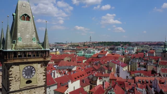 Beautiful-aerial-view-of-the-Prague-clock-tower-in-the-city-town-square.