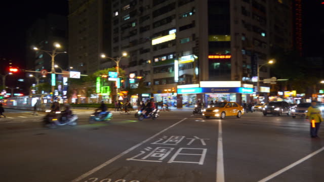 night-time-illuminated-taipei-city-traffic-street-crossroad-panorama-4k-taiwan