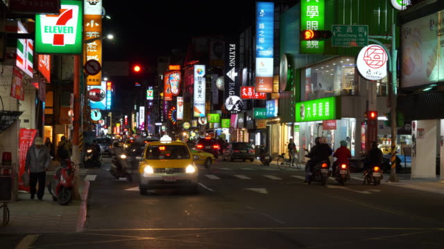 noche-iluminada-Taipei-ciudad-tráfico-calle-panorama-4k-Taiwán