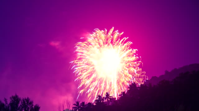 4K-TimeLapse.-New-Year's-fireworks-over-the-palm-trees-in-the-tropics-in-Phuket,-Thailand.-January,-2016.