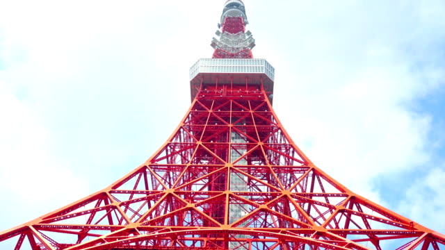 Tokyo-Tower-von-unten-im-blauen-Himmel