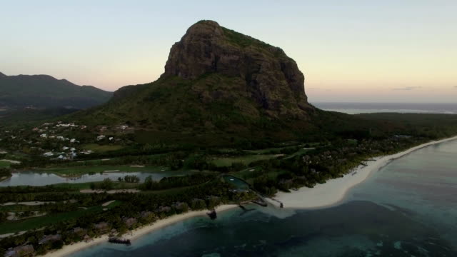 Le-Morne-Brabant-peninsula-with-mountain,-aerial-Mauritius