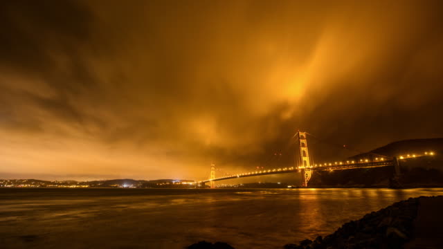 Puente-Golden-Gate-de-noche,-desde-abajo