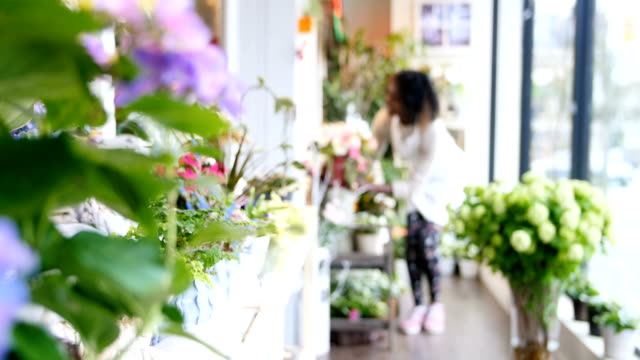 Florist-with-pot-flower-walking-in-flower-shop-4k