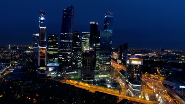 Night-view-of-Moscow-downtown.-Aerial.