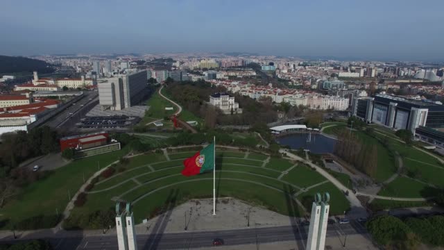 Portugal-Flag-on-Park-Eduardo-VII,-Lisbon,-Portugal