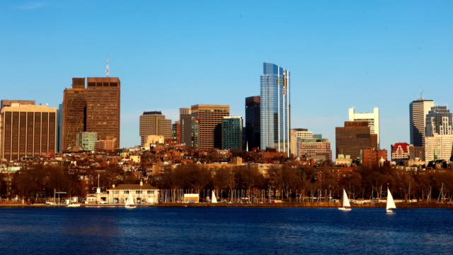 Timelapse-Boston-Stadtzentrum-über-den-Hafen