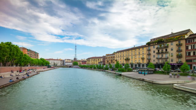 Italien-Tag-leichte-Mailand-Stadt-berühmten-Kanals-Bucht-Panorama-4k-Zeitraffer