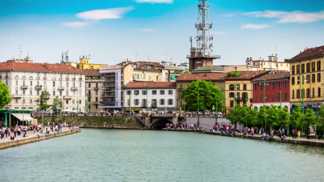 Italien-Sonnentag-Mailand-Stadt-berühmten-Kanals-Bucht-Panorama-4k-Zeitraffer