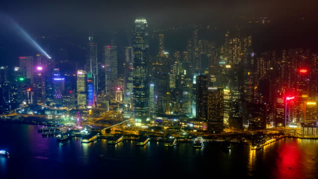 Aerial-Timelapse-beleuchtete-Skyline-von-Hong-Kong.-Hongkong,-China