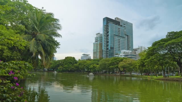 Corporate-buildings-with-offices-overlooking-a-green-park-with-a-lake.-business-center-of-a-large-city,-business-district