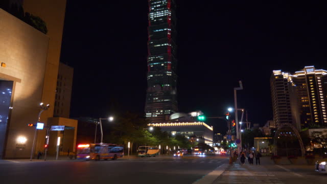 Nachtzeit-beleuchtete-Taipei-Stadtverkehrsstraße-Innenstadt-Panorama-4k-taiwan
