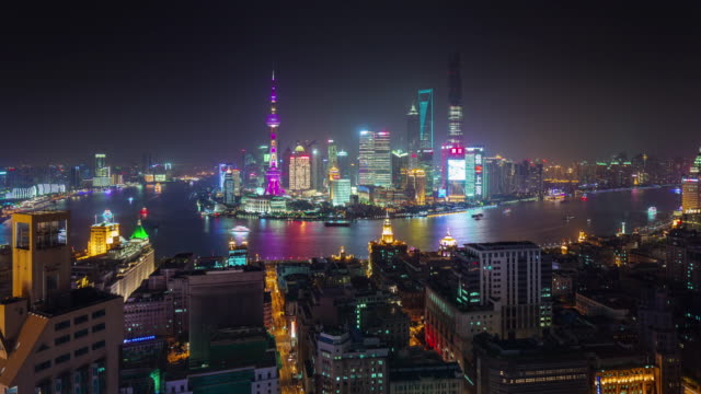 China-Shangai-panorama-de-paisaje-famoso-techo-superior-río-Bahía-4k-lapso-de-tiempo