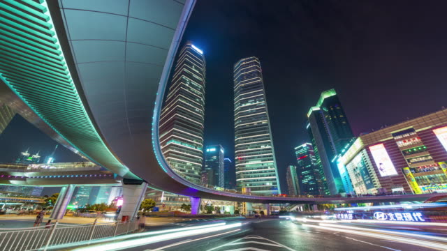 Nachtlicht-China-shanghai-Verkehr-Straße-Zentrum-Stadtpanorama-4k-Zeitraffer