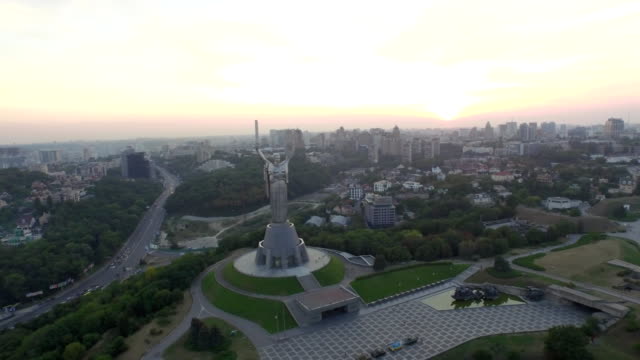 Panorama-of-Kiev,-Ukraine.-Mother-Motherland.-Aerial-view.