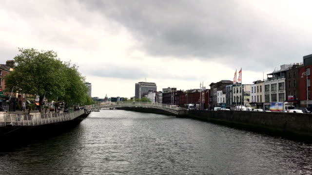 Traveling-down-a-river-in-downtown-in-Dublin-Ireland-during-overcast-day