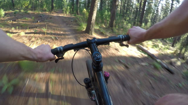 Mountain-biker-rides-down-a-fast-forest-trail