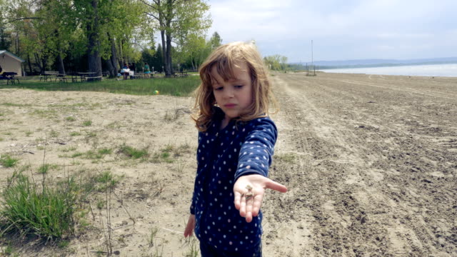 Kleines-Mädchen-auf-einem-Sandstrand-Kieselsteine-in-der-Hand-hält