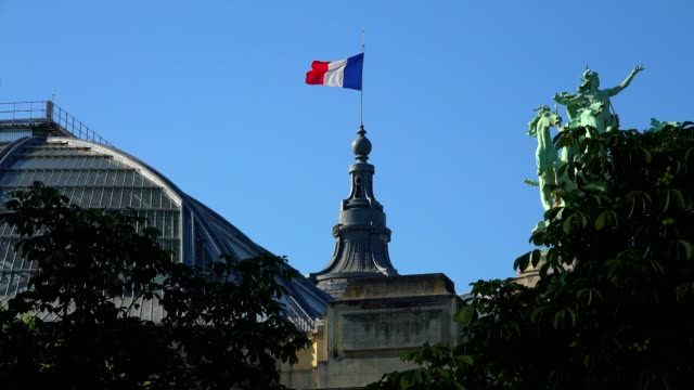 Bandera-francesa-ondeando-en-el-viento-cerca-de-puente-de-Alexandre-III-en-París,-Francia