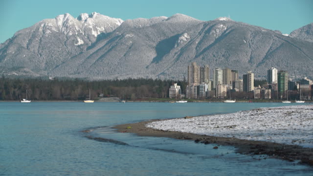 Playa-invierno-nieve,-Kitsilano,-Vancouver-4K-UHD
