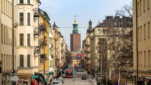 Stockholm-Stadt-Skyline-Timelapse-im-Stockholmer-Rathaus-Glockenturm,-Stockholm-Schweden-4K-Zeitraffer