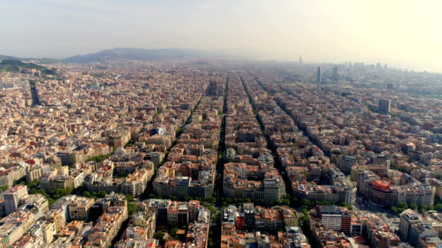 Aerial-view-of-Barcelona-skyline-with-morning-light,-Spain