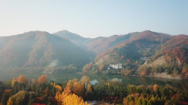 Aerial-view-autumn-of-Nami-island,-Seoul,-South-Korea
