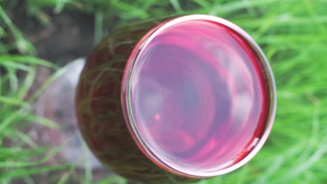 glass-of-wine-on-a-grass-background,-close-up-.