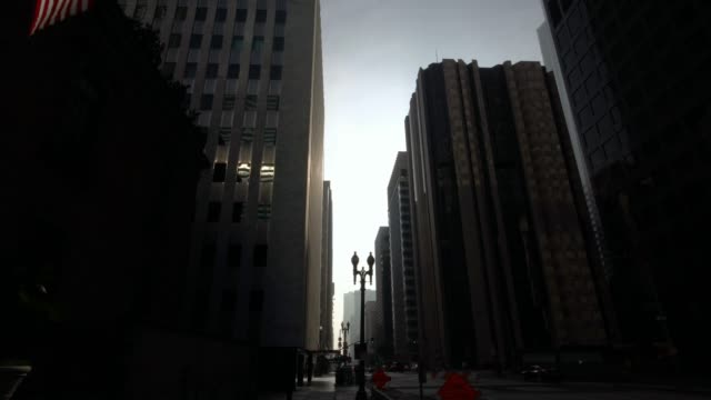 Moving-dolly-shot-of-historic-skyscrapers-in-downtown-Los-Angeles